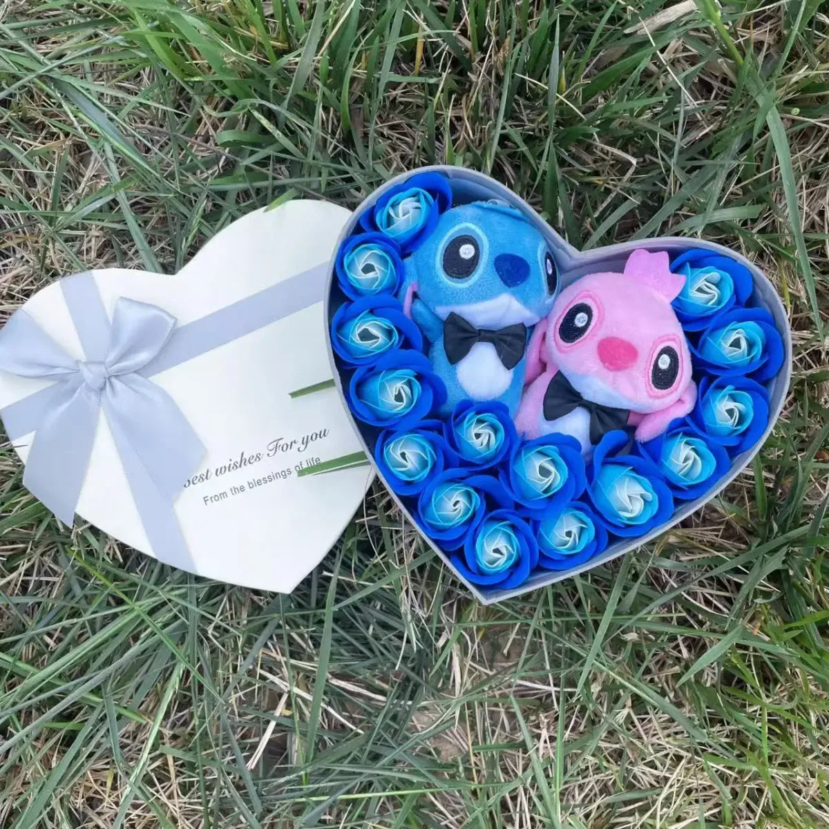Kawaii Stitch Plush Gift Box – Heart Shaped with Roses, Valentine’s Day Gift Set