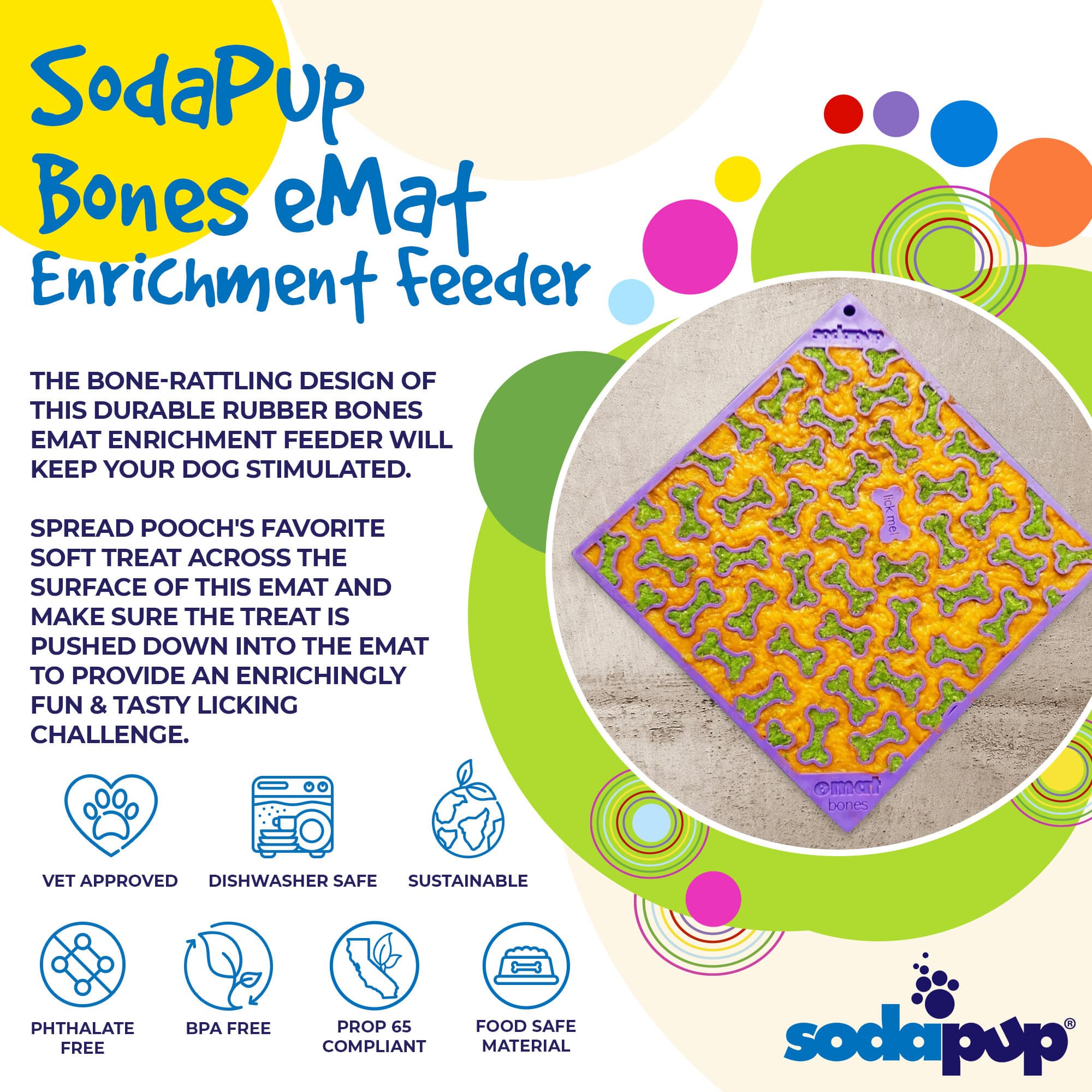 Bones eMat - Enrichment Lick Mat for Dogs and Cats | eMat Enrichment Toy for Anxiety Relief | SodaPup