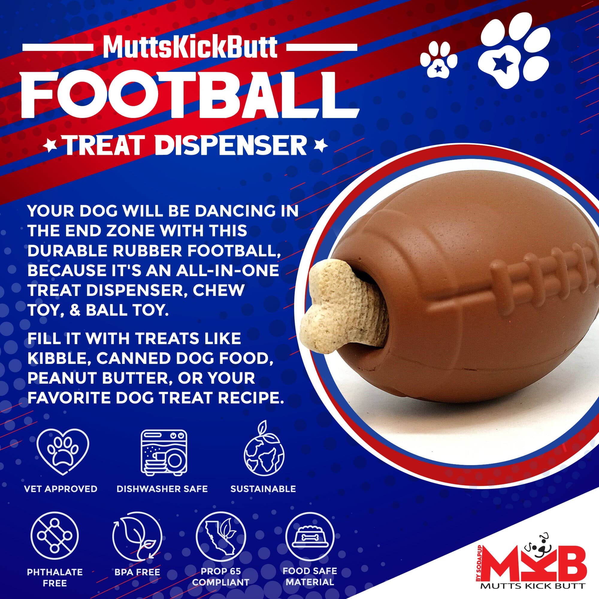 Football Dog Chew Toy & Treat Dispenser - USA Made | SodaPup
