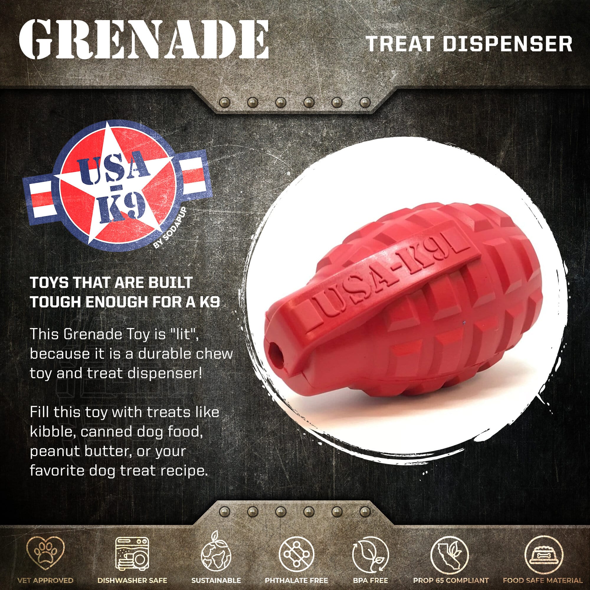 USA-K9 Grenade Shaped eDispenser Durable Dog Chew Toy & Treat Dispenser - Army Green