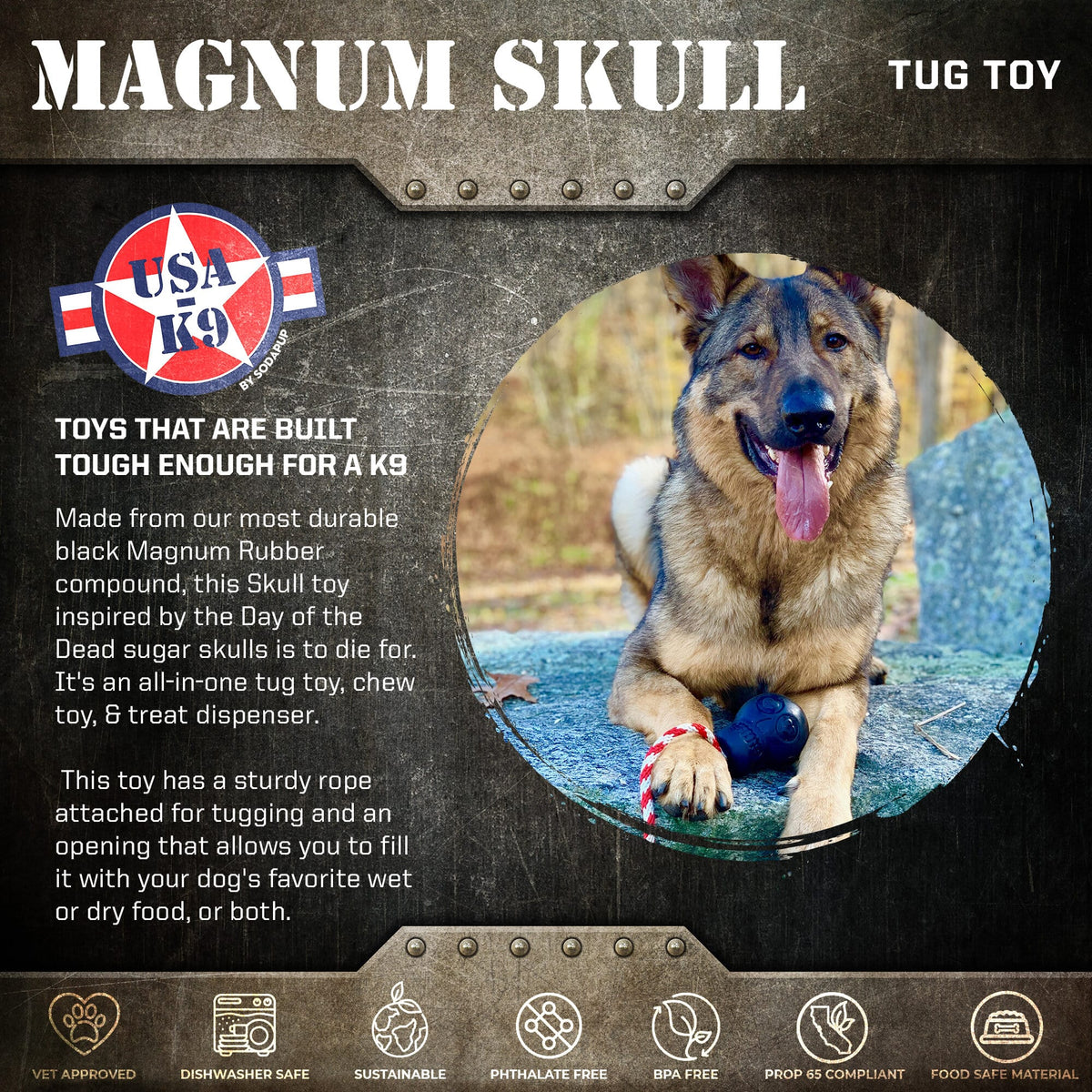 USA-K9 Magnum Skull - Black Magnum Rubber Chew Toy for Extreme Chewers | USA Made