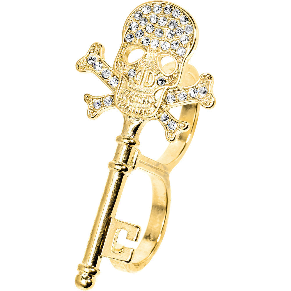 Gold Tone Crystalline Skull & Cross Bones Double Finger Ring