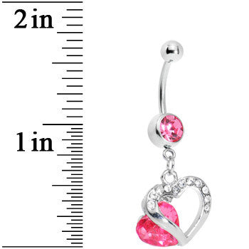 Pink Gem Heart in Hollow Heart Belly Ring