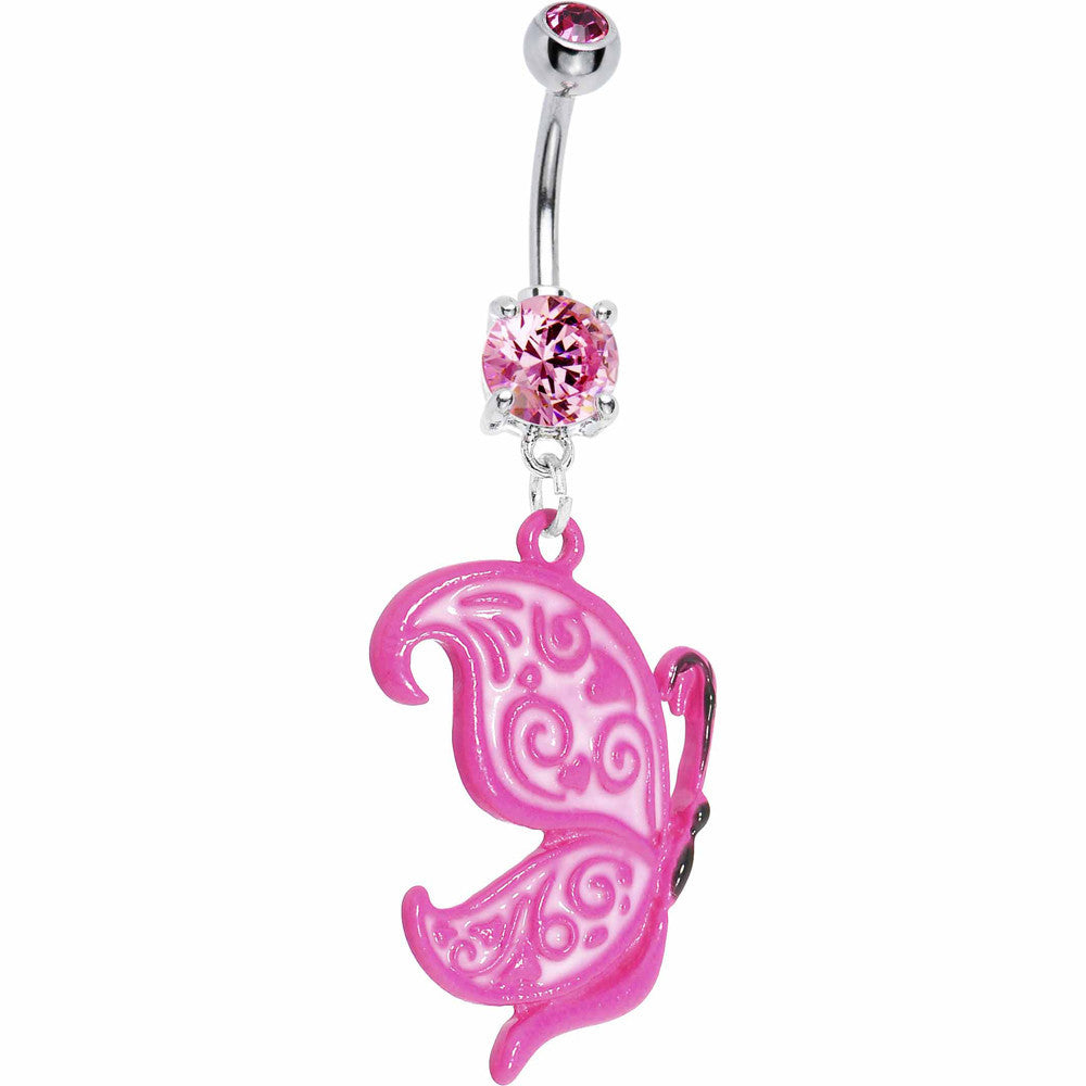 Neon Pink Butterfly Belly Ring