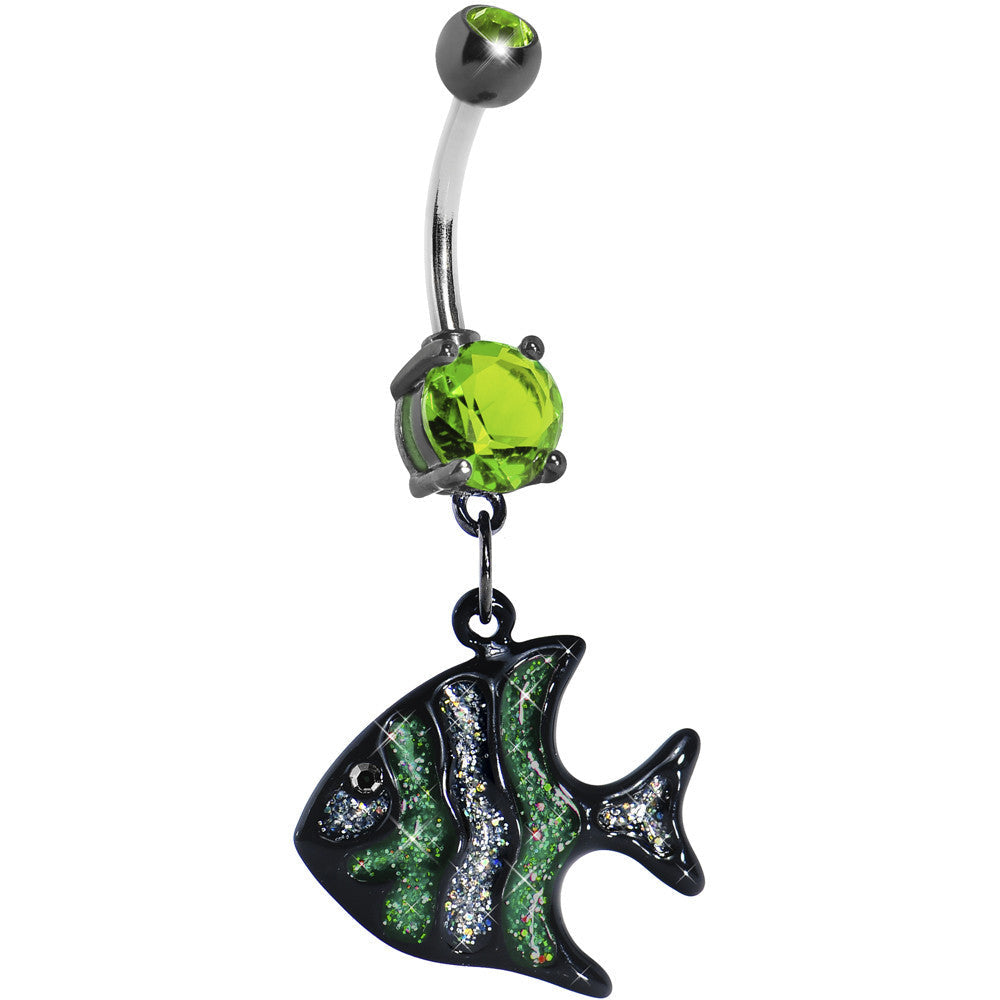 Peridot Green Gem Glittery Angel Fish Dangle Belly Ring