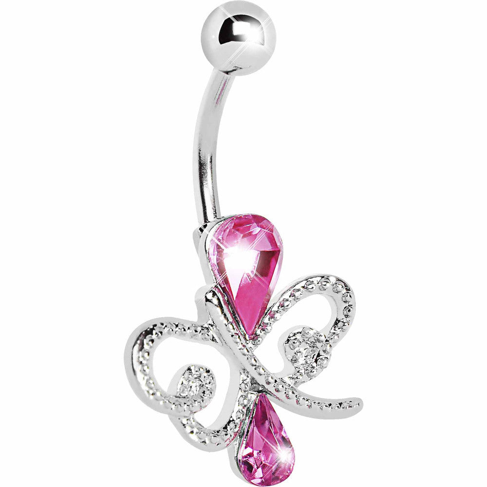 Pink Gem Teardrop Inversion Butterfly Belly Ring