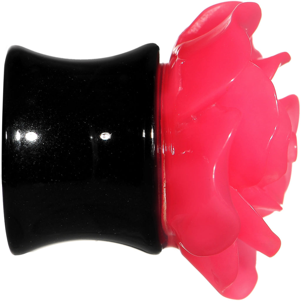 00G Acrylic Black Neon Pink Rose Flower Saddle Plug Set