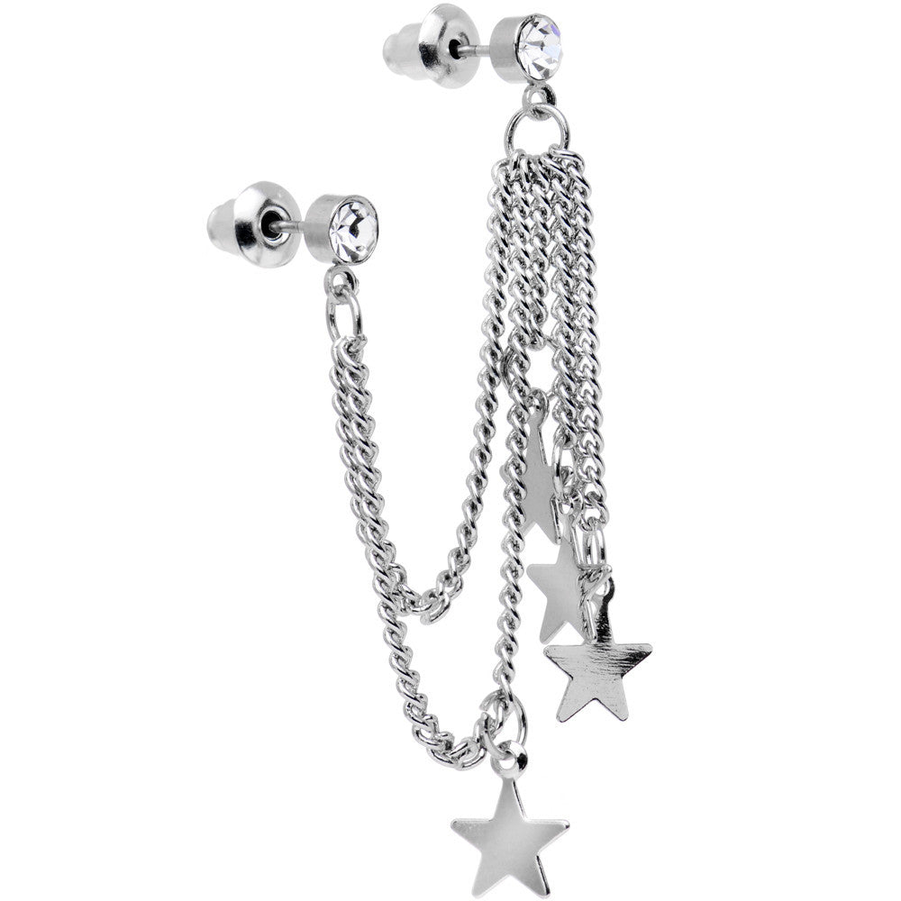 Clear Gem 3 Star Double Chain Ear to Cartilage Stud Earrings