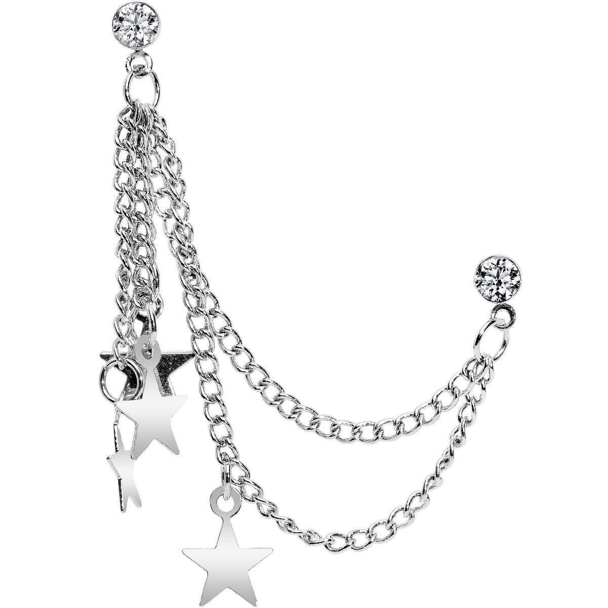 Clear Gem 3 Star Double Chain Ear to Cartilage Stud Earrings