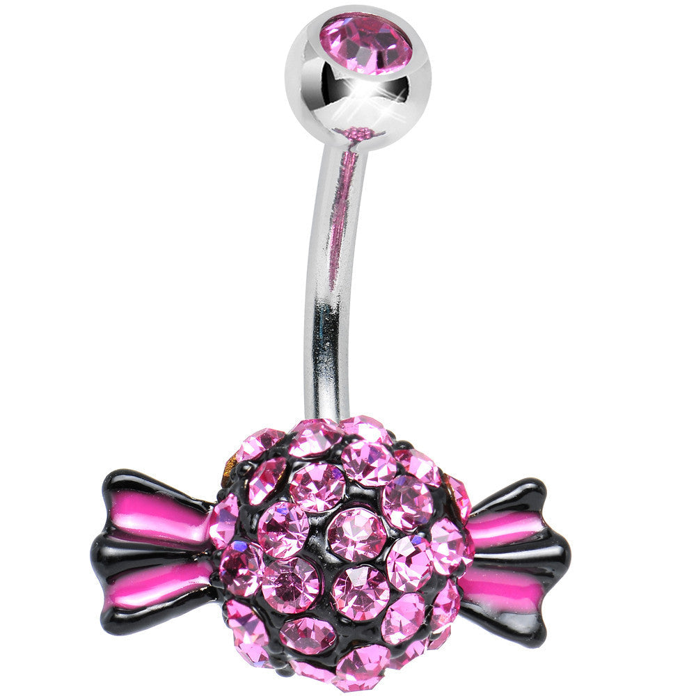 Crystalline Gem Paved Pink and Black Piece of Candy Belly Ring