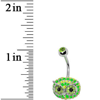 Green Gem with Multi Neon Feathers Owl Face Belly Ring