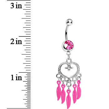 Pink Gem Heart Full of Dreamcatcher Dangle Belly Ring