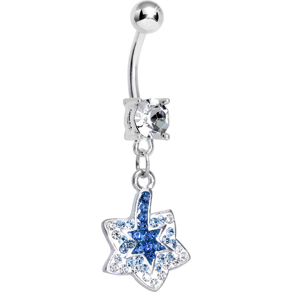 Crystalline Blue Gem Paved Layered Star of David Dangle Belly Ring