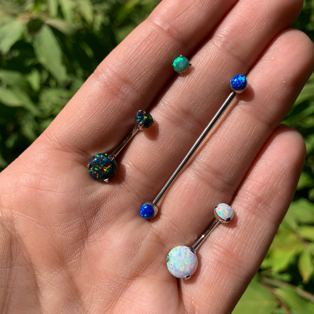 Double White Synthetic Opal Internally Threaded Belly Ring 3/8