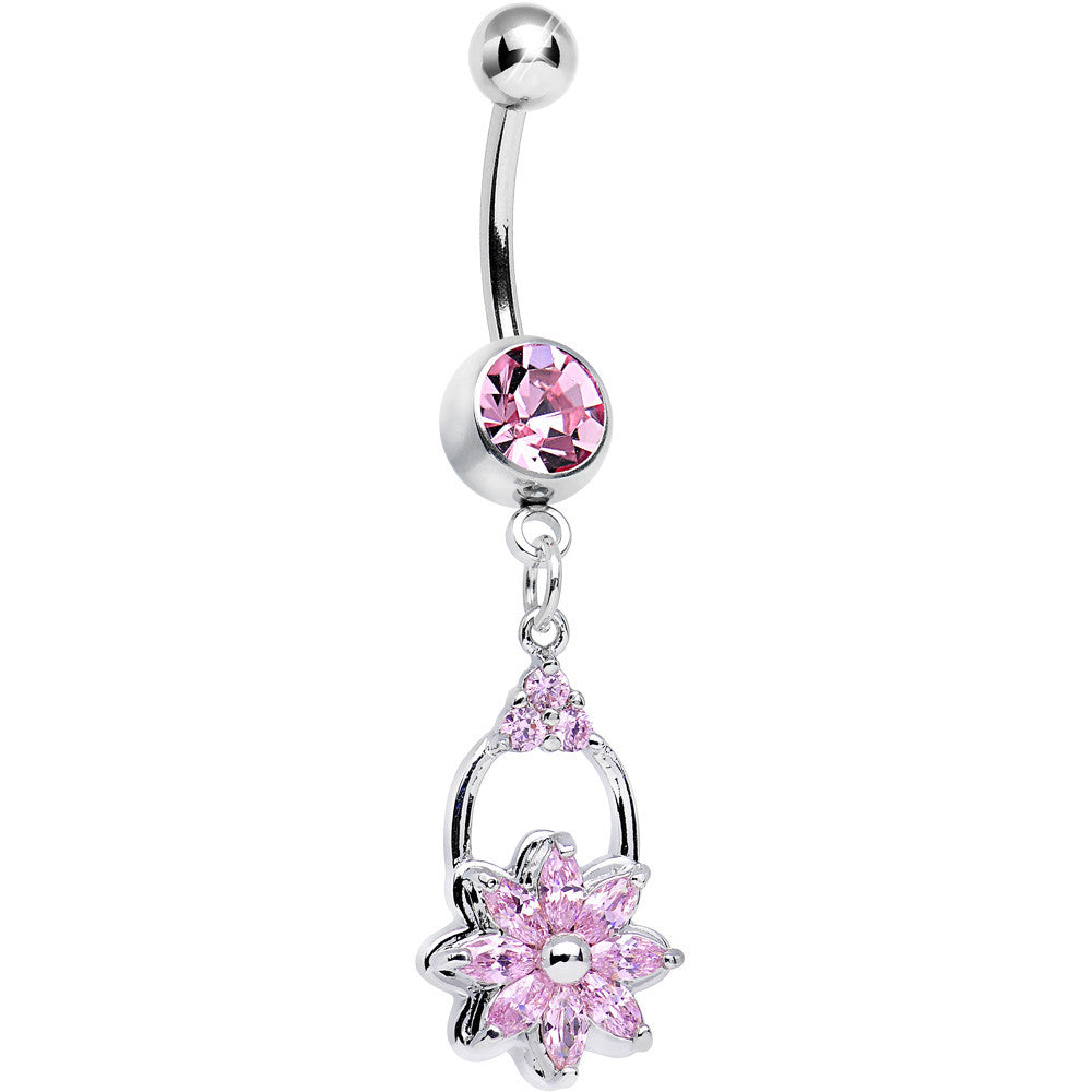 Pink Cubic Zirconia Shower of Flower Dangle Belly Ring