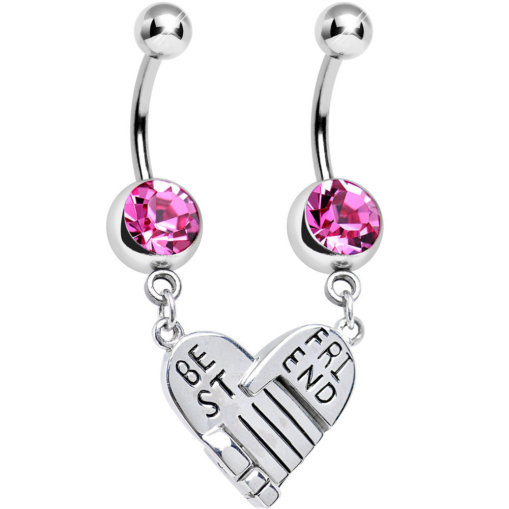 Pink Gem Holding Hands Best Friend Heart Dangle Belly Ring Set