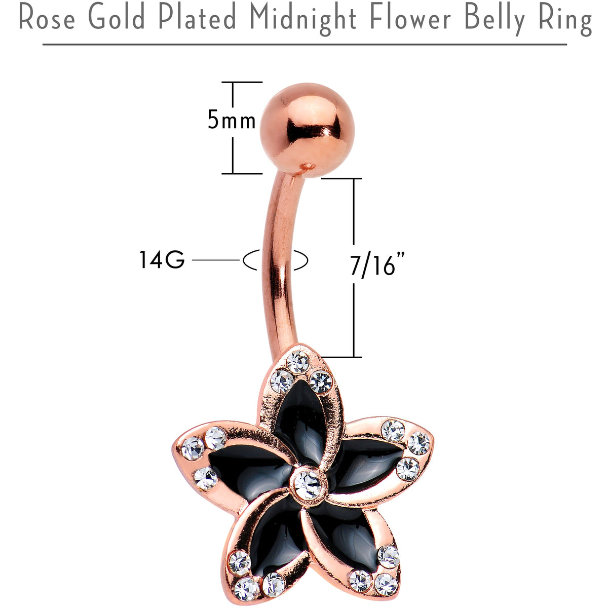 Clear Gem Rose Gold Plated Midnight Pitch Flower Belly Ring