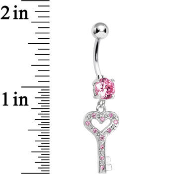 925 Sterling Silver Pink Gem Secret Love Key Dangle Belly Ring