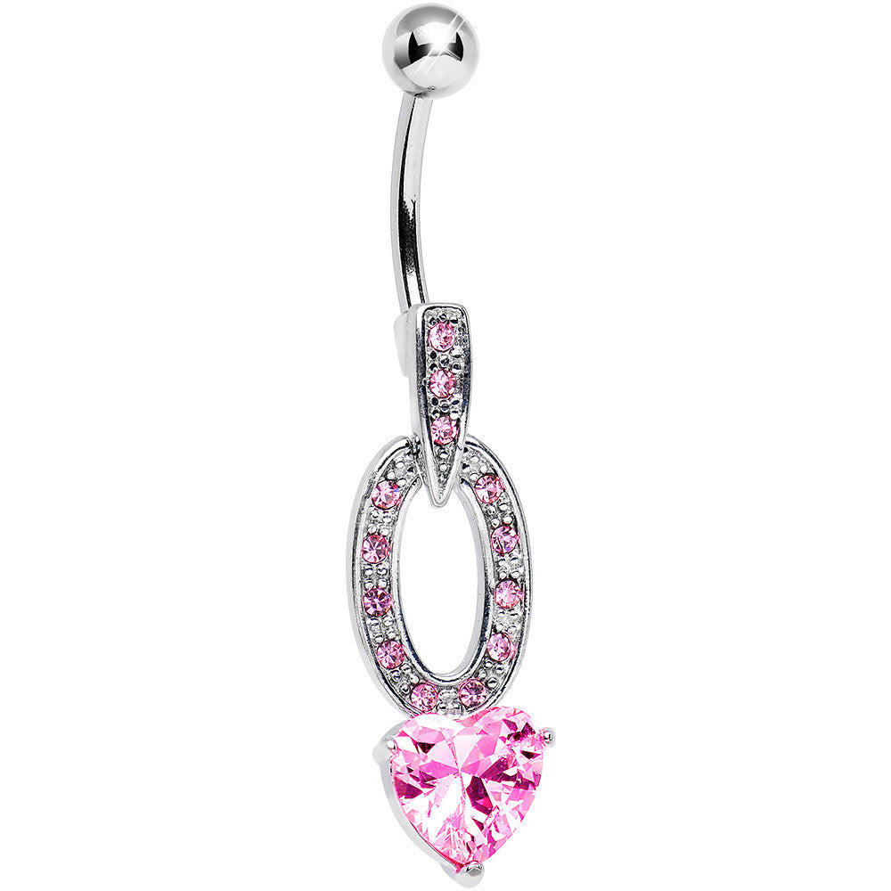 Pink Cubic Zirconia Sparkling Hollow Oval Heart Dangle Belly Ring