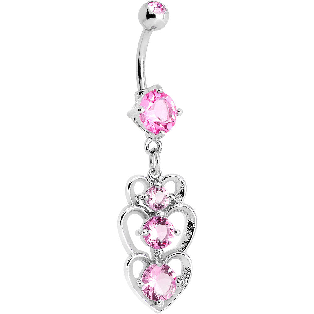 Pink Cubic Zirconia Cozy Hollow Heart Trio Dangle Belly Ring