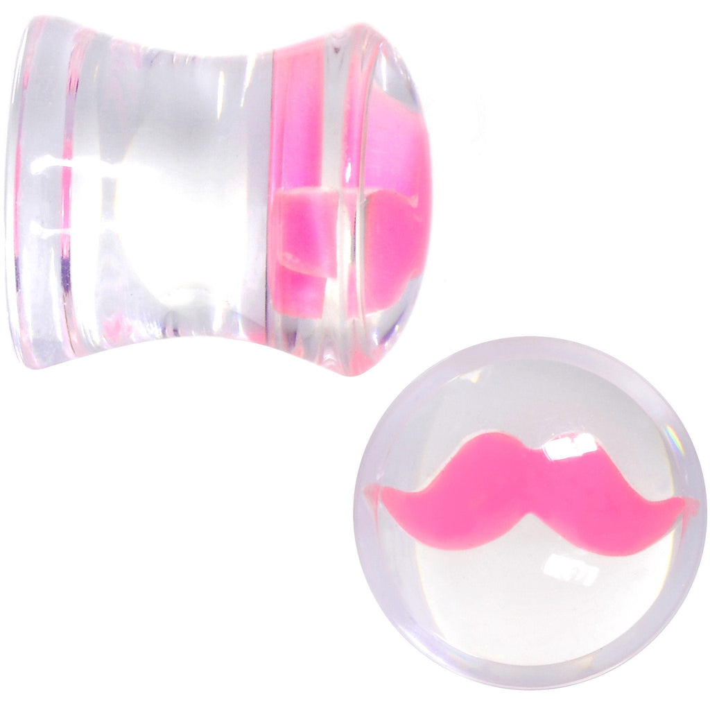 Clear Acrylic Pink Mustache Double Flare Saddle Plug Set 2G to 20mm