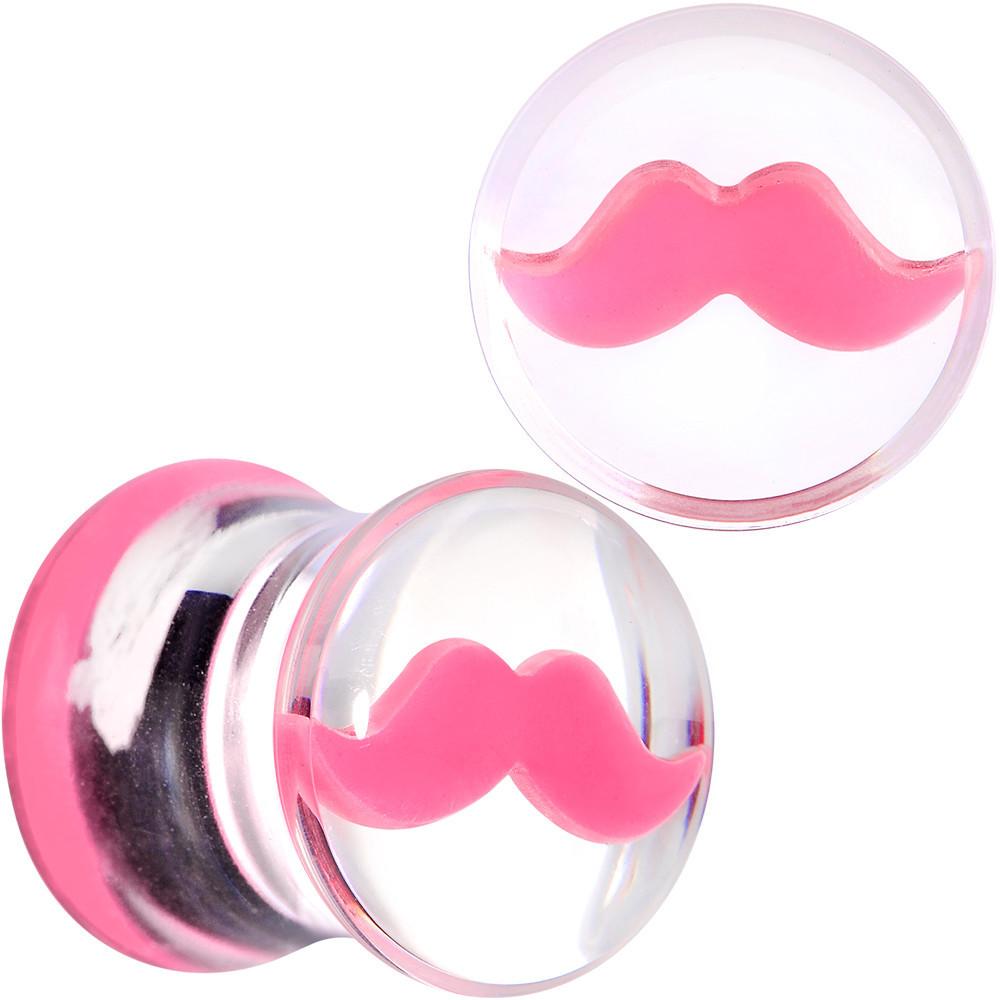 Clear Acrylic Pink Mustache Double Flare Saddle Plug Set 2G to 20mm