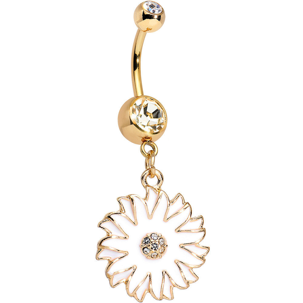 Clear Gem Gold Anodized White Floating Flower Dangle Belly Ring