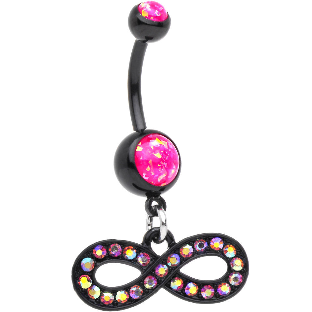 Pink Resin Faux Opal CZ Black PVD Infinity Dangle Belly Ring