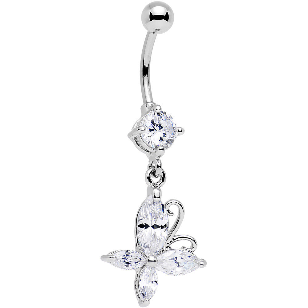 Clear Gem Butterfly Prong Set Dangle Belly Ring