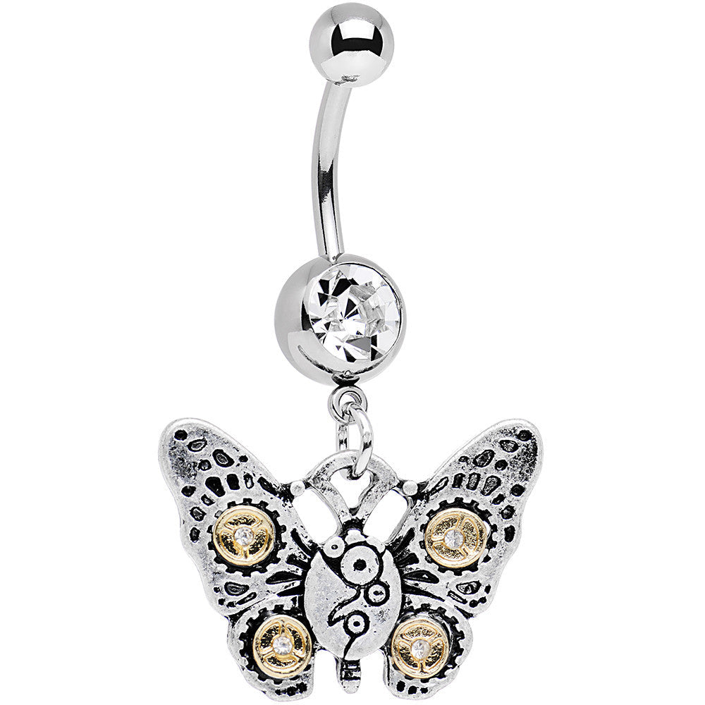 Clear Gem Steampunk Butterfly Dangle Belly Ring