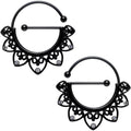 Clear Gem Black PVD Barbell Filigree Heart Universal Nipple Ring Set