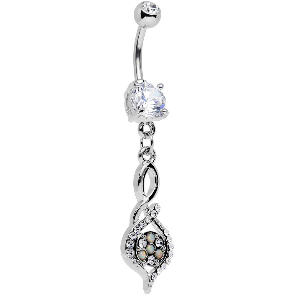 Clear Gem White Faux Opal Wistfully Twisted Dangle Belly Ring
