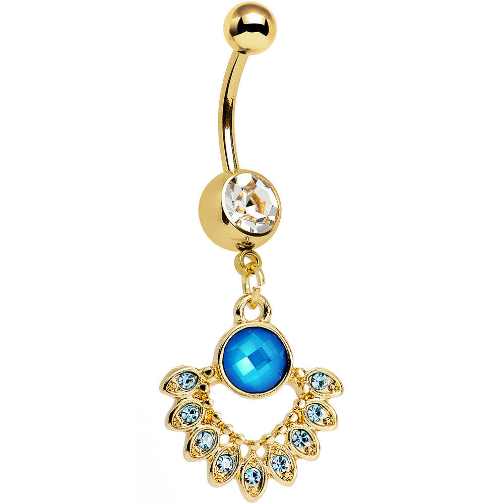 Clear Aqua Gem Gold PVD Debutante Dangle Belly Ring
