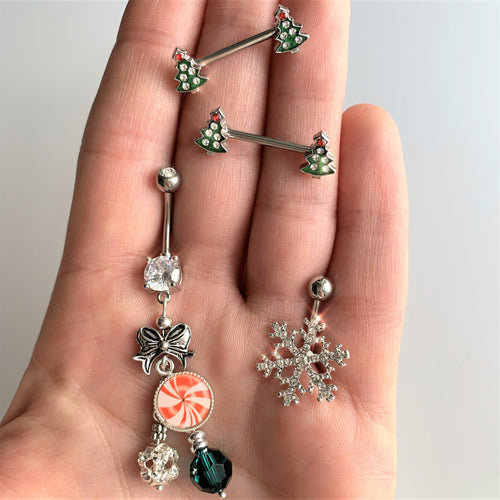 14G 9/16 Clear Red Gem Christmas Tree Barbell Nipple Ring Set