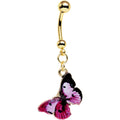 Gold Anodized Steel Pink and Black Butterfly Dangle Belly Ring