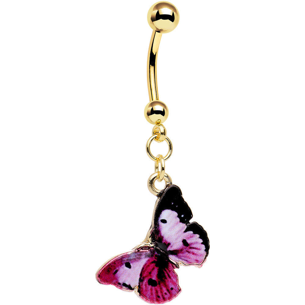 Gold Anodized Steel Pink and Black Butterfly Dangle Belly Ring