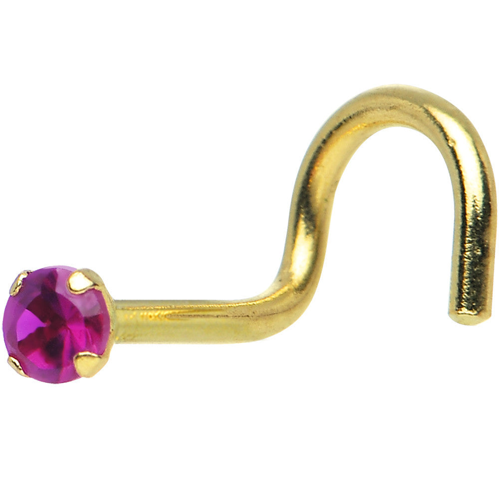 Solid 14K Yellow Gold 2mm Red Cubic Zirconia Solitaire Nose Ring