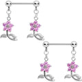 9/16 Pink Clear CZ Gem Stemmed Flower Dangle Barbell Nipple Ring Set