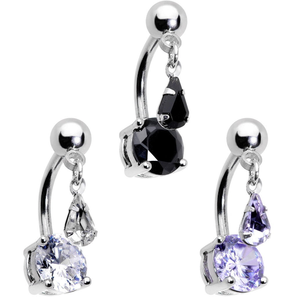 Clear Black Purple CZ Gem Top Mount Dangle Belly Ring Set of 3