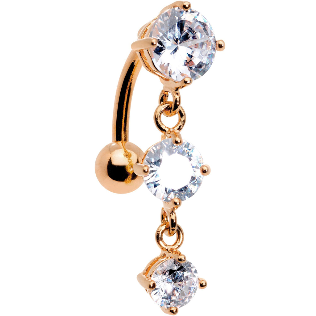 Clear CZ Gem Rose Gold Plated Trio Tier Top Mount Dangle Belly Ring