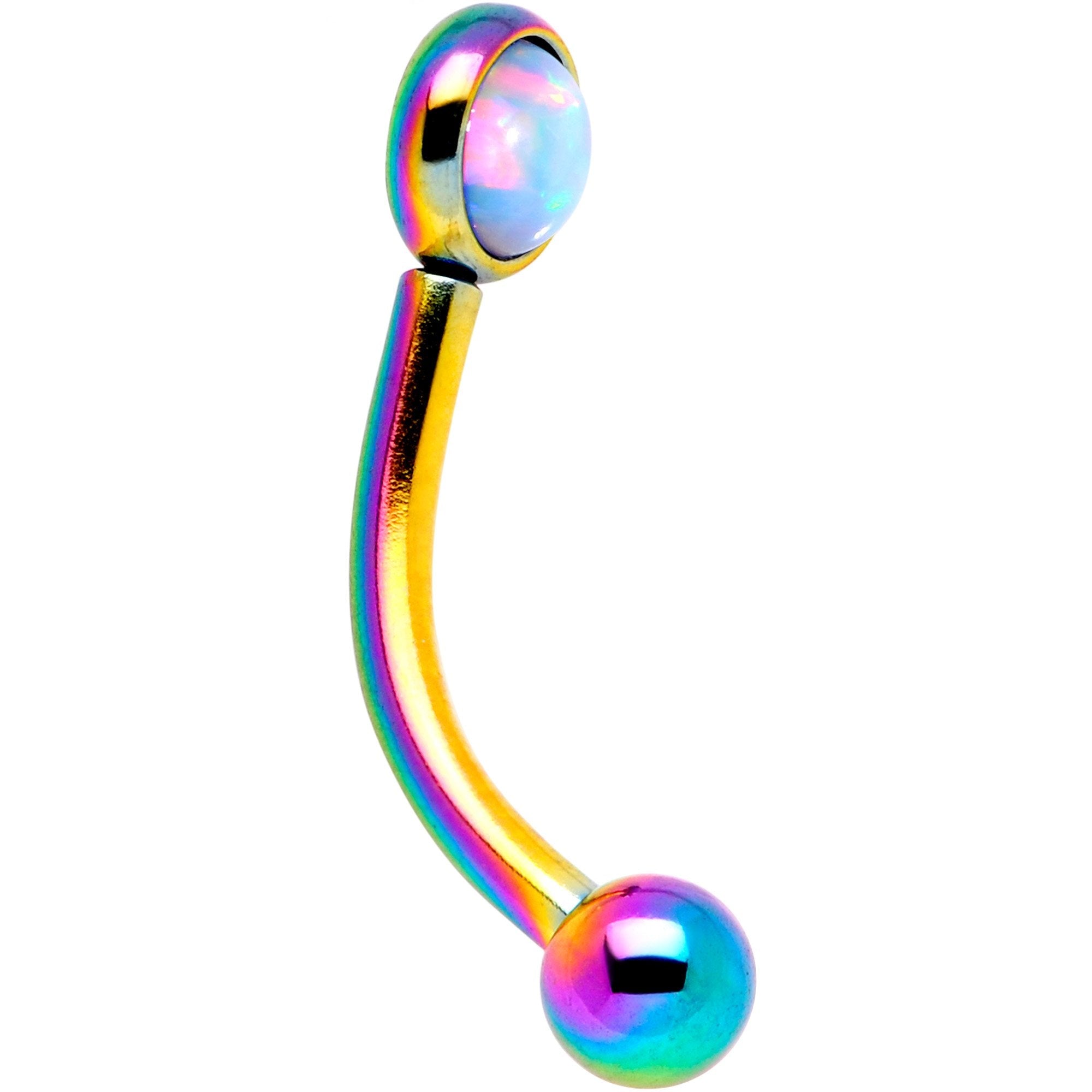 16G 5/16 White Synthetic Opal Flat Set Rainbow IP Curved Eyebrow Rook Piercing