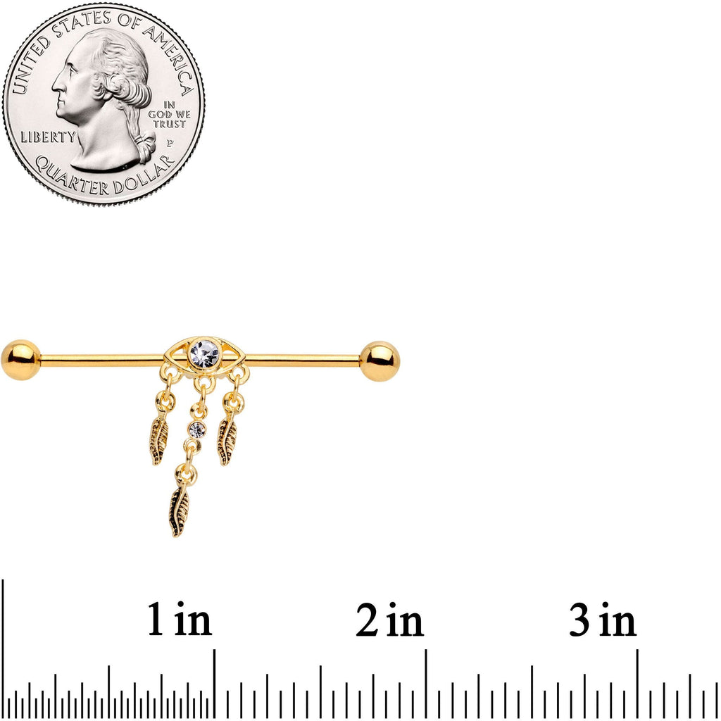 Clear Gem Gold Tone Eye Feather Dangle Industrial Barbell 38mm