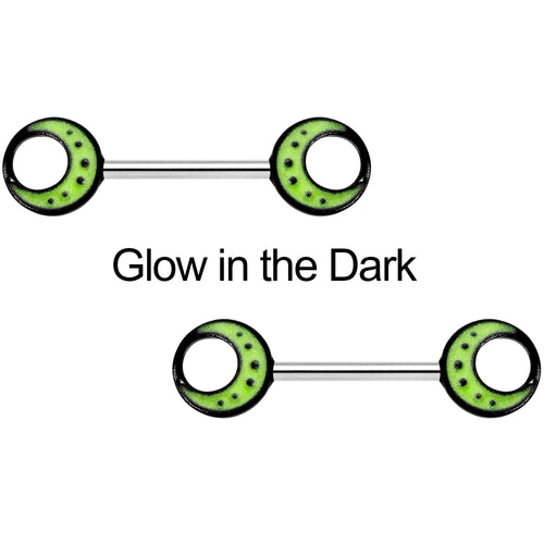 14G 9/16 Glow in the Dark Yellow Moon Barbell Nipple Ring Set