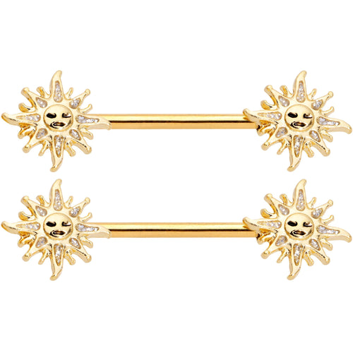 14G 9/16 Gold Tone Happy Sun Barbell Nipple Ring Set