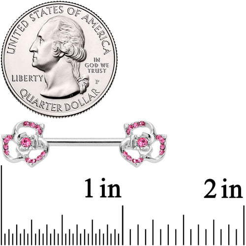 14G 9/16 Pink Gem Rose Flower Barbell Nipple Ring Set