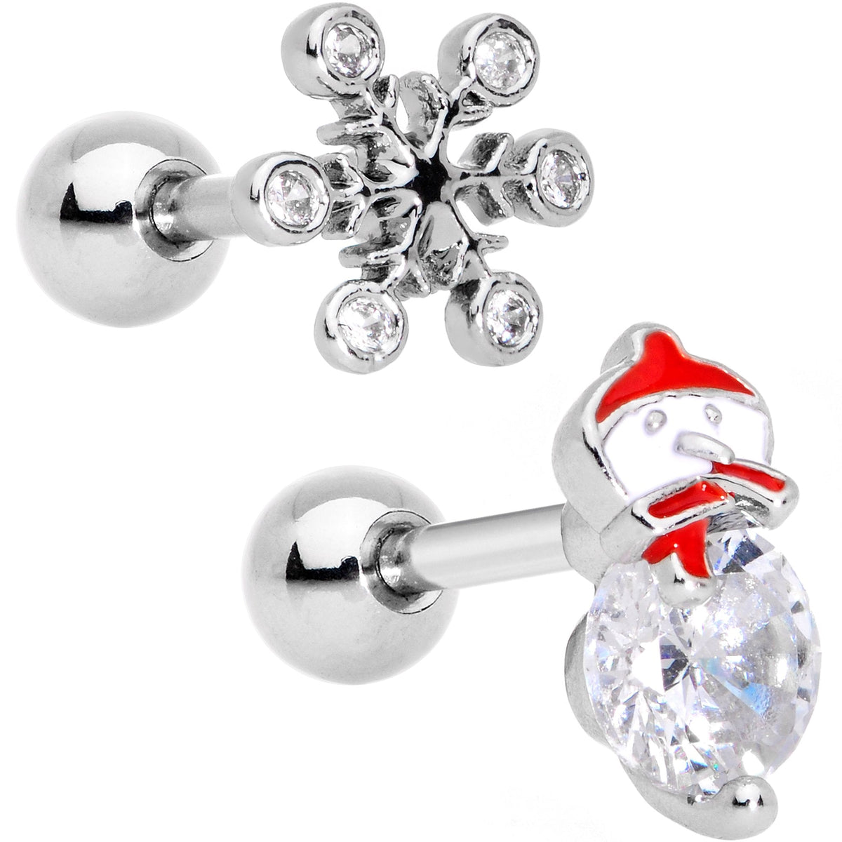 Clear Gem Winter Fun Snowflake Snowman Cartilage Tragus Set of 2