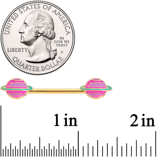 14G 9/16 Gold Tone Pink Planet Saturn Barbell Nipple Ring Set