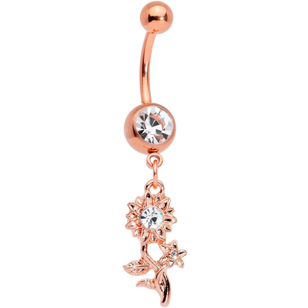 Clear Gem Rose Gold Tone Sunflower Dangle Belly Ring