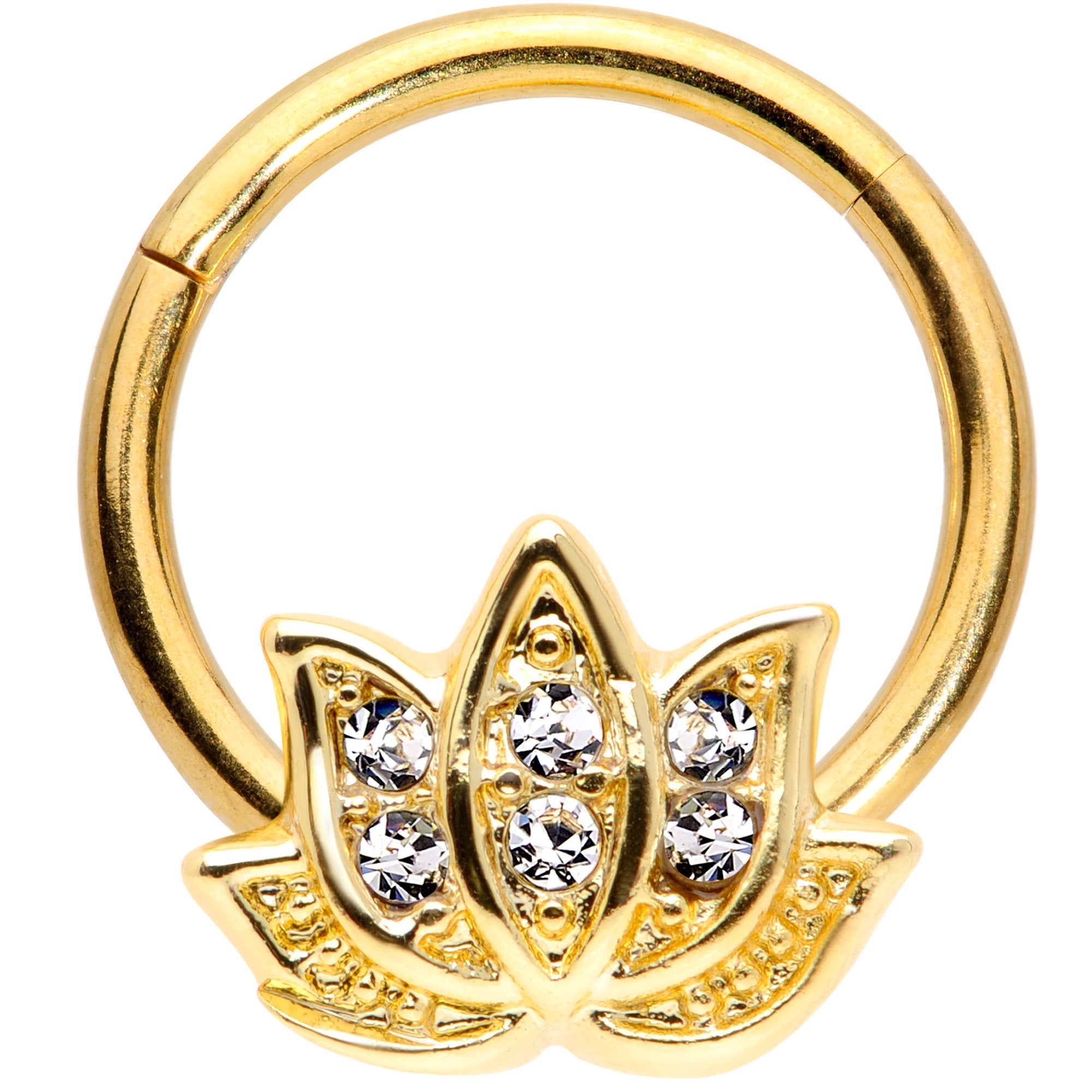 16G 3/8 Clear Gem Gold Tone Lotus Flower Hinged Segment Ring