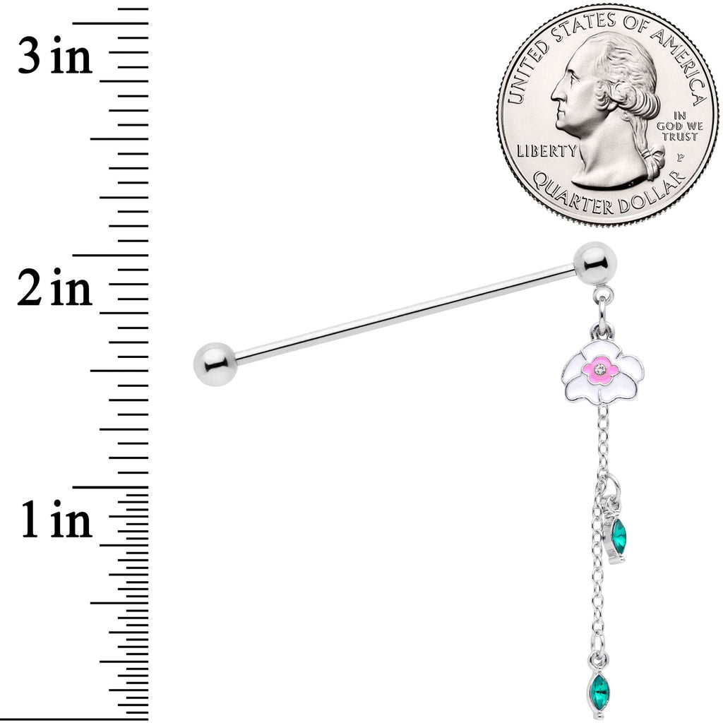 14G Clear Green Gem Flower Chain Dangle Industrial Barbell 38mm